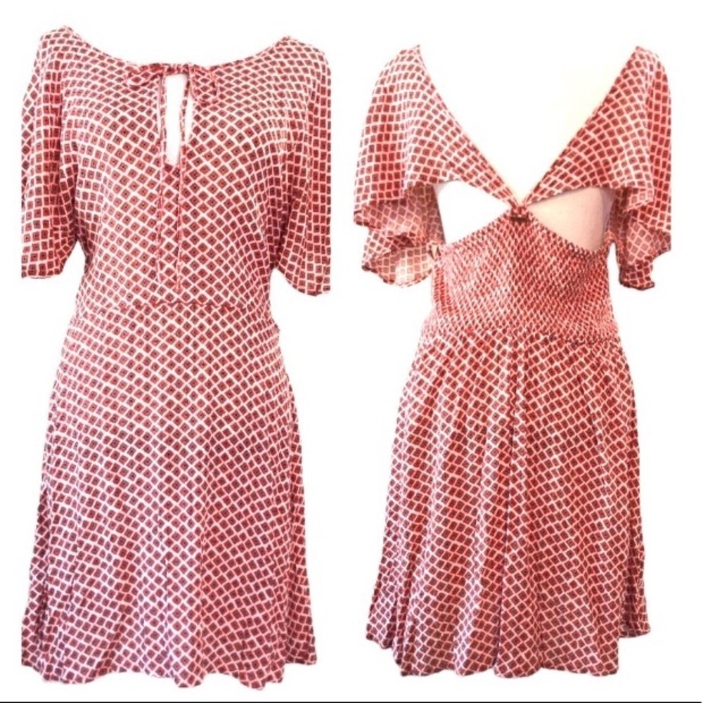 Billabong Boho Dress Orange Tan Geometric Print Smocked Back Butterfly Sleeves L